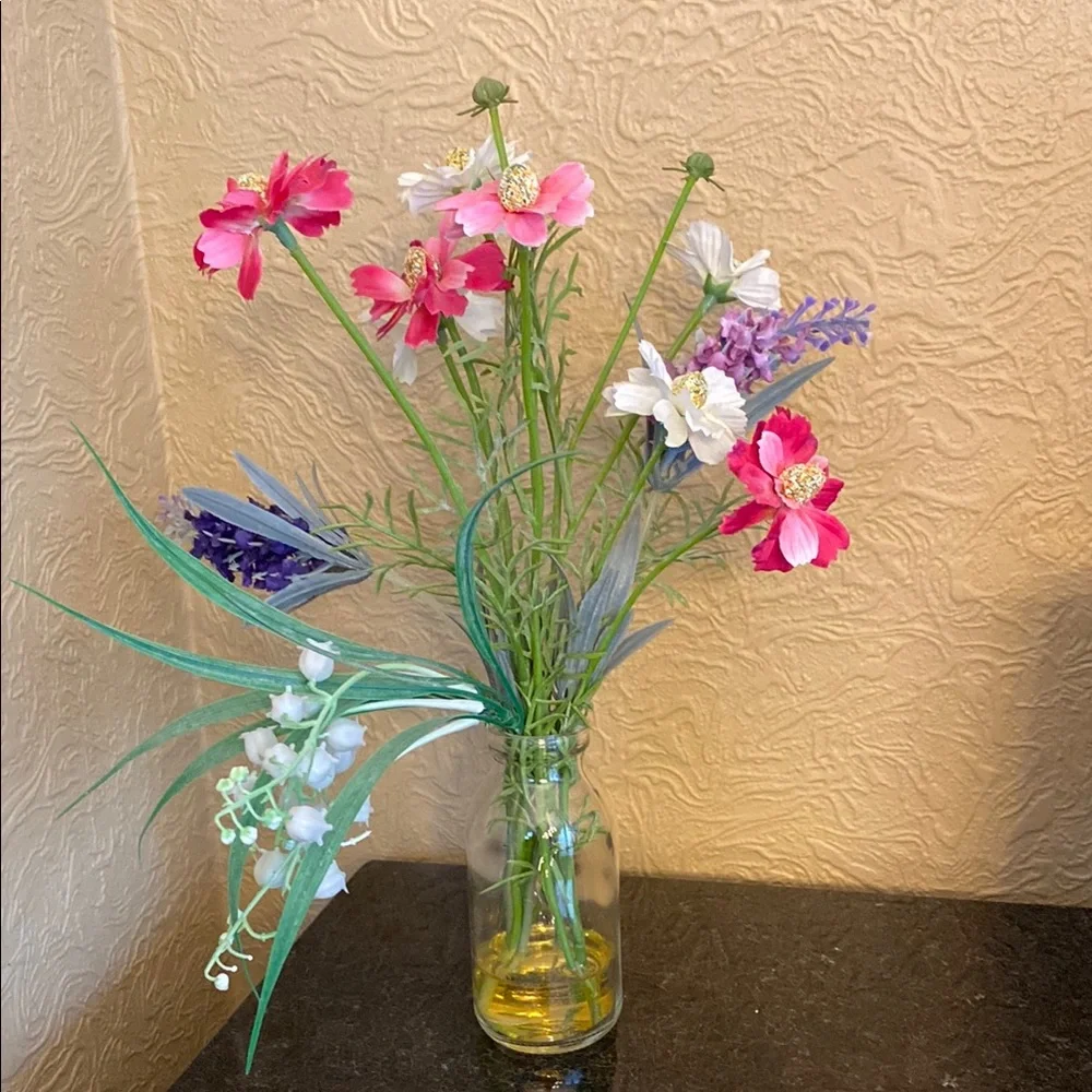 Floral Arrangement in Glass Vase 12” tall.